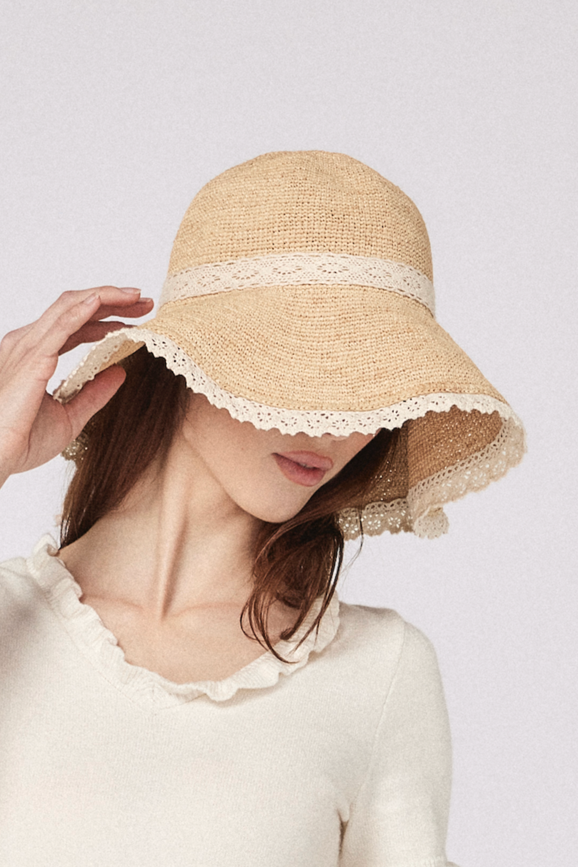 Emera - Lace Trimmed Raffia Straw Hat