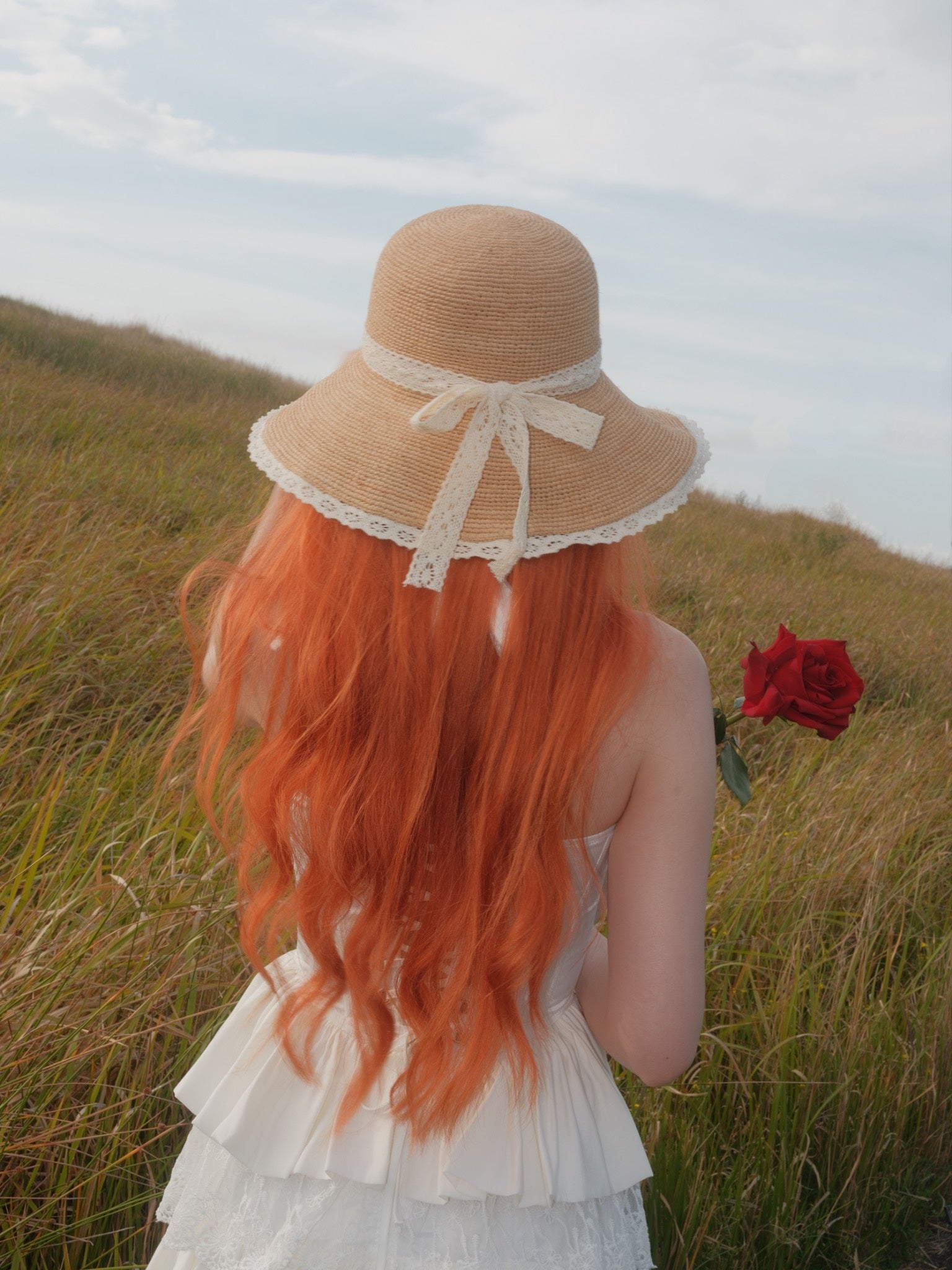 Emera - Lace Trimmed Raffia Straw Hat