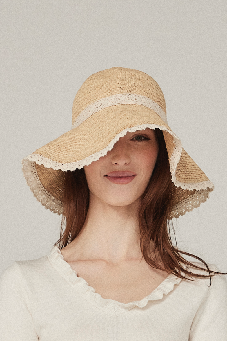 Emera - Lace Trimmed Raffia Straw Hat