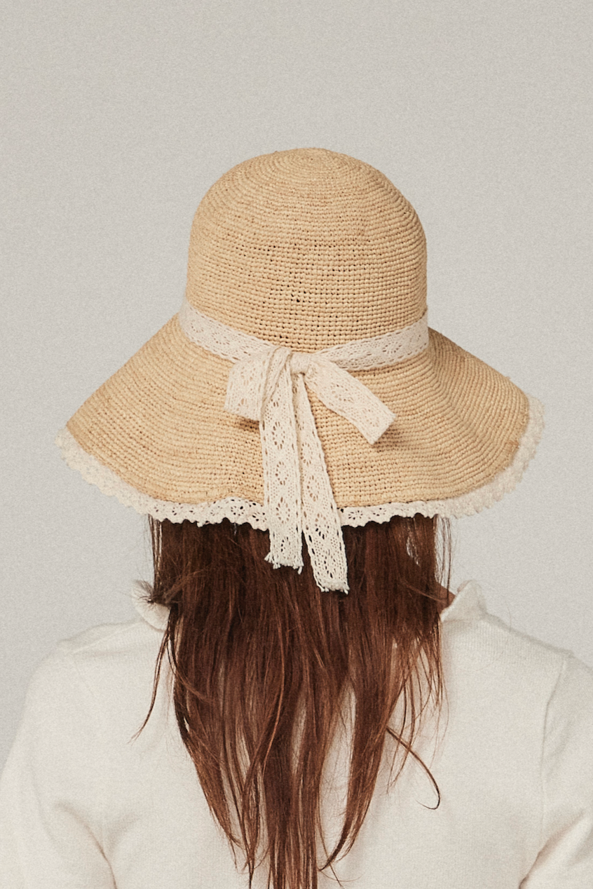Emera - Lace Trimmed Raffia Straw Hat