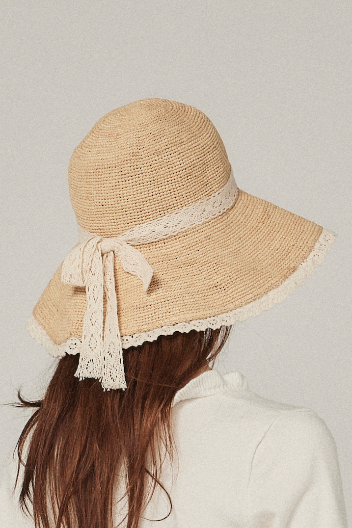 Emera - Lace Trimmed Raffia Straw Hat