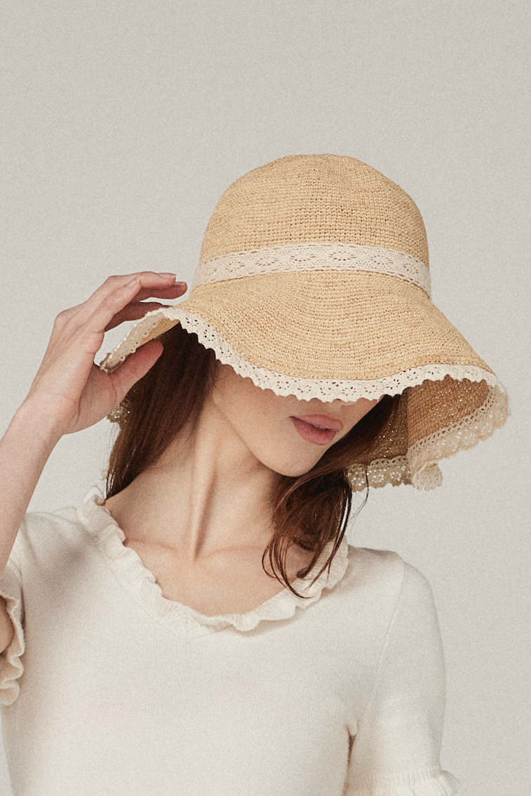 Emera - Lace Trimmed Raffia Straw Hat