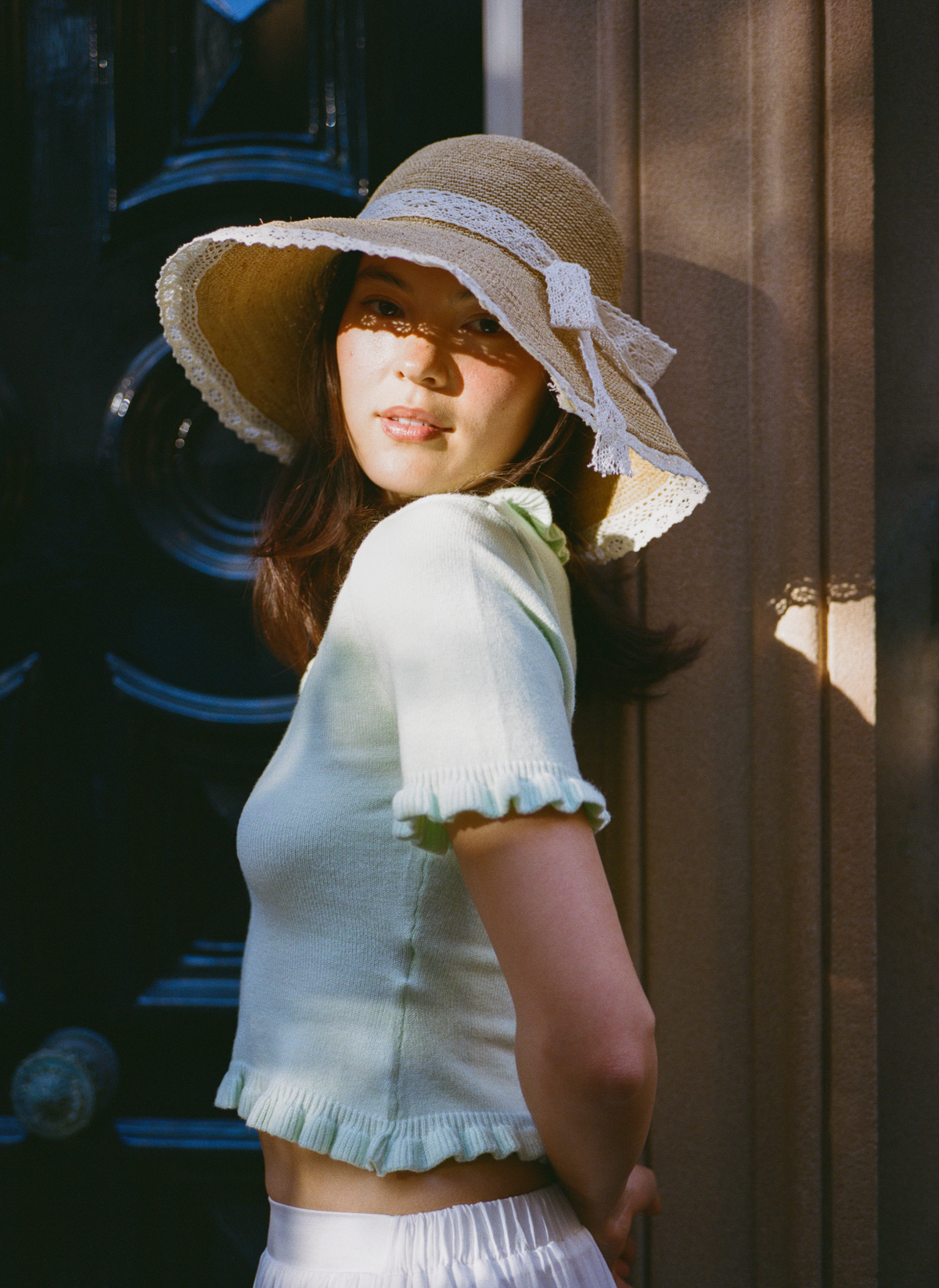 Emera - Lace Trimmed Raffia Straw Hat